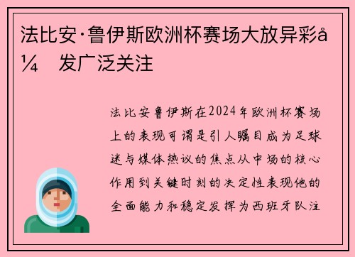 法比安·鲁伊斯欧洲杯赛场大放异彩引发广泛关注